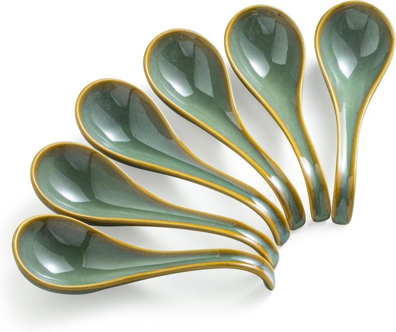 Gomakren Soup Spoons Set of 6, Asian Soup Spoons 6.5 Inch Ramen Spoons, Christmas Ceramic Chinese Spoon Set for Soup, Cereal, Pho, Noodles, Dumpling, Miso, Wonton, Dishwasher Safe, Blue-Green - Image 1