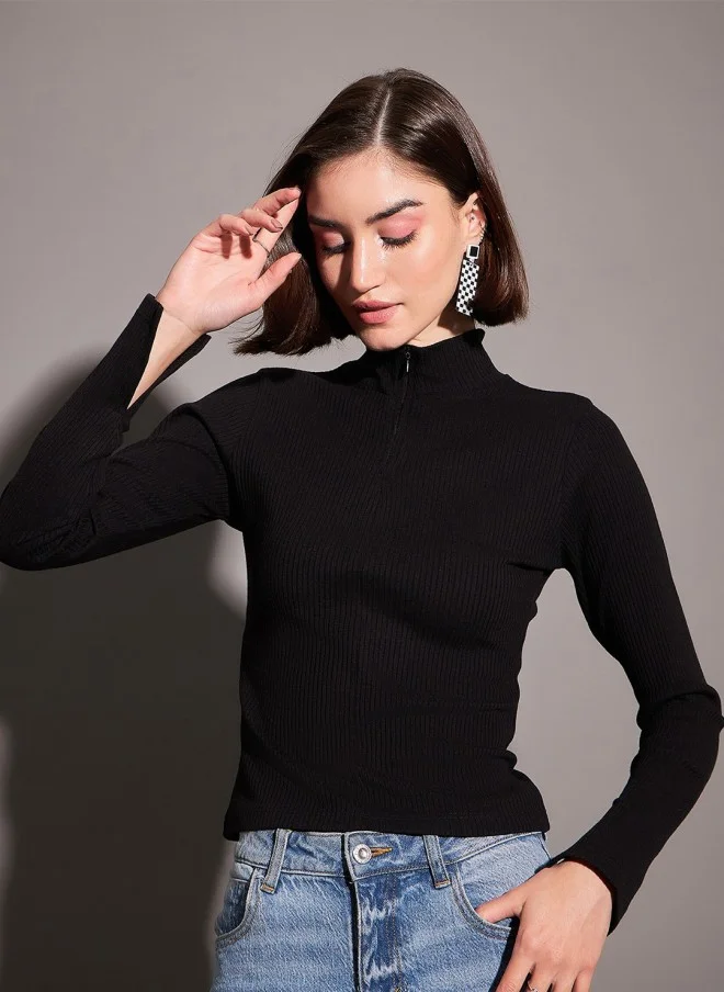SASSAFRAS Black High Neck Fitted Top for Women