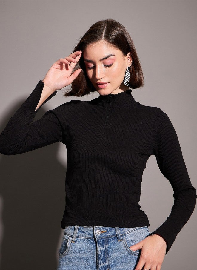 ساسافراس بلوزة نسائية ضيقة بياقة عالية سوداء - Image 1