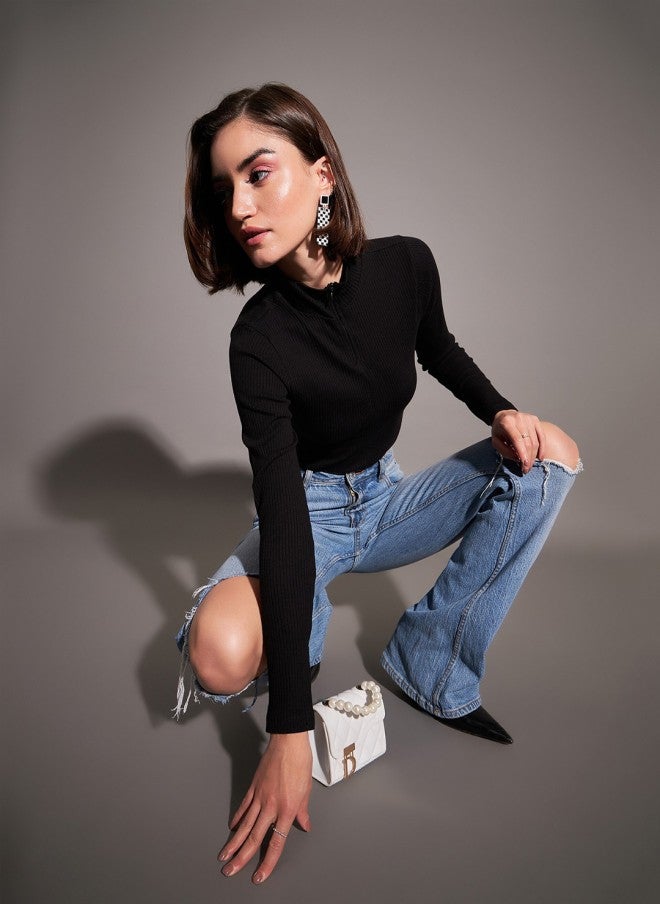 ساسافراس بلوزة نسائية ضيقة بياقة عالية سوداء - Image 5