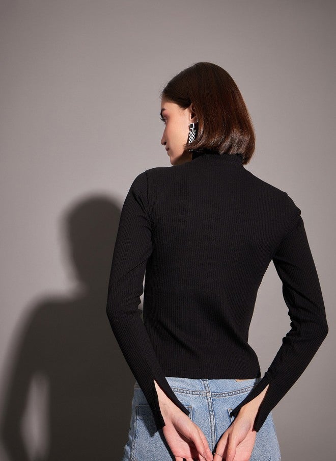 ساسافراس بلوزة نسائية ضيقة بياقة عالية سوداء - Image 4