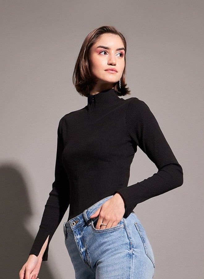 ساسافراس بلوزة نسائية ضيقة بياقة عالية سوداء - Image 3