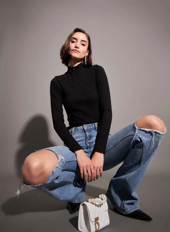 ساسافراس Black High Neck Fitted Top for Women