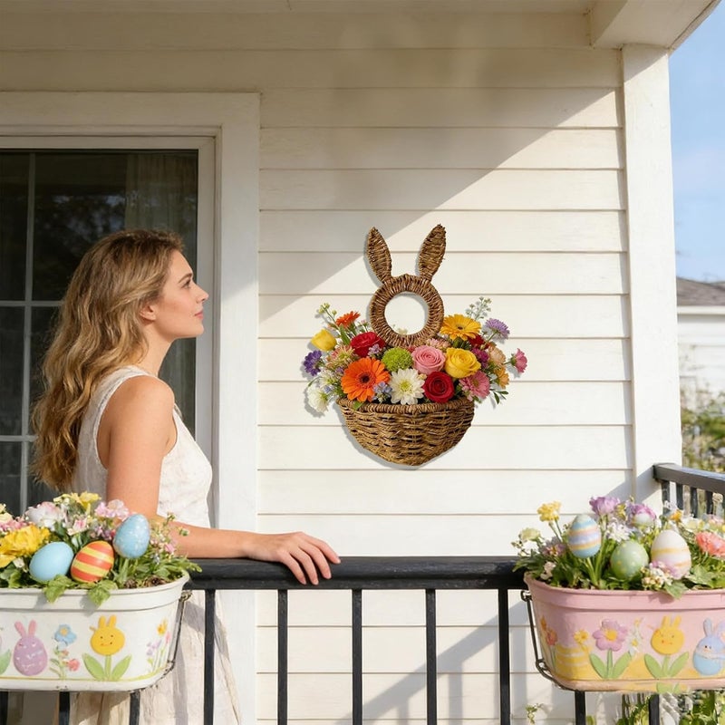 Spring Bunny Wall Basket | Spring Wicker Woven Porch Wall Pocket - Rustic Bunny Handwoven Basket,for Home Farmhouse Indoor Outdoor Front Door Living Room Entryway - Image 3