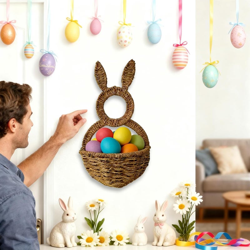 Spring Bunny Wall Basket | Spring Wicker Woven Porch Wall Pocket - Rustic Bunny Handwoven Basket,for Home Farmhouse Indoor Outdoor Front Door Living Room Entryway - Image 2