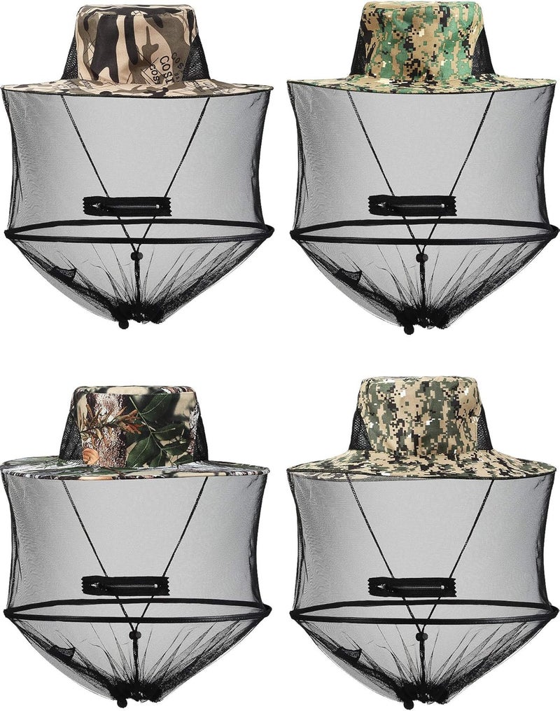 Satinior 4 Pieces Mosquito Head Mesh Mosquito Cap Net Hat Face Cover with Zipper Foldable Fly Protection Netting Hat for Outdoor Fishing Hiking Gardening