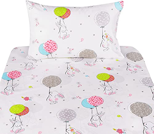 J-pinno Cute Cartoon Rabbit Bunny 100% Cotton 3 Pieces Twin Sheet Set for Kids Girls Children Flat Sheet + Fitted Sheet + Pillowcase Bedding Decoration Gift Set - Image 3