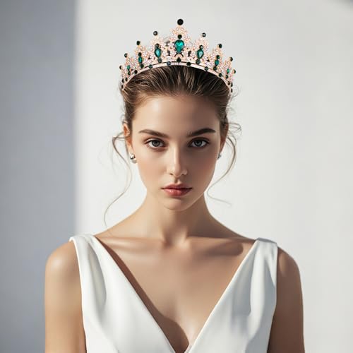 Kamirola Queen Crown and Tiaras Princess Crown for Women and Girls Crystal Headbands for Bridal, Princess for Wedding and Party（01） (Gold Green) - Image 3