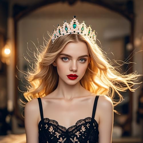 Kamirola Queen Crown and Tiaras Princess Crown for Women and Girls Crystal Headbands for Bridal, Princess for Wedding and Party（01） (Gold Green) - Image 2