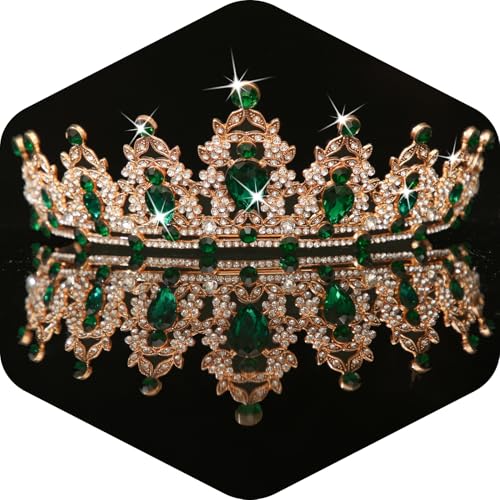 Kamirola Queen Crown and Tiaras Princess Crown for Women and Girls Crystal Headbands for Bridal, Princess for Wedding and Party（01） (Gold Green) - Image 1