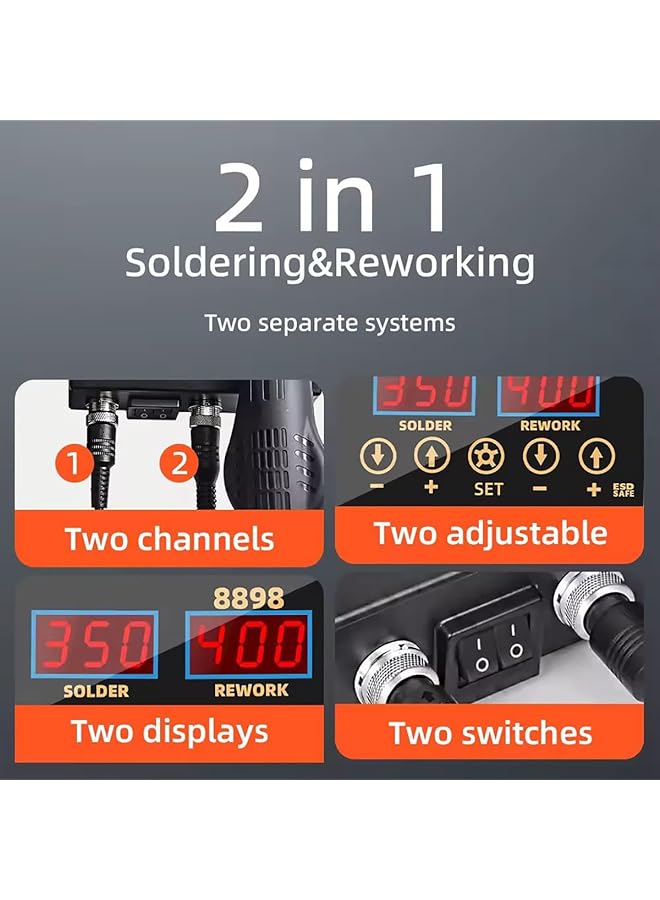 erorex Soldering Iron Iron Gun High Quality Soldering Station Dual Screen Led Digital Solder Iron Desoldering Station Bga Rework Solder Station Hot Air Gun + Electric Iron Set 8898 British Soldering Kit - Image 2
