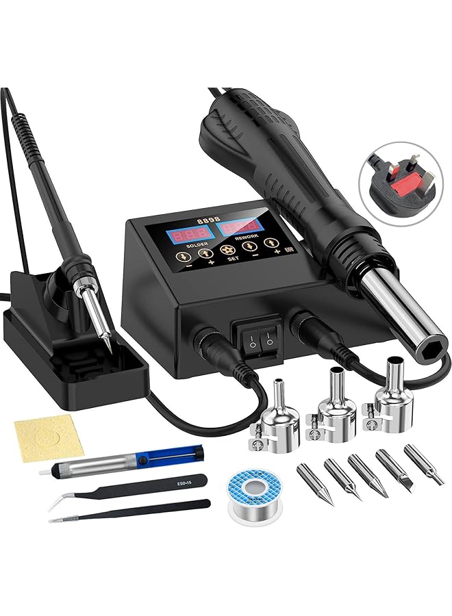 erorex Soldering Iron Iron Gun High Quality Soldering Station Dual Screen Led Digital Solder Iron Desoldering Station Bga Rework Solder Station Hot Air Gun + Electric Iron Set 8898 British Soldering Kit - Image 1
