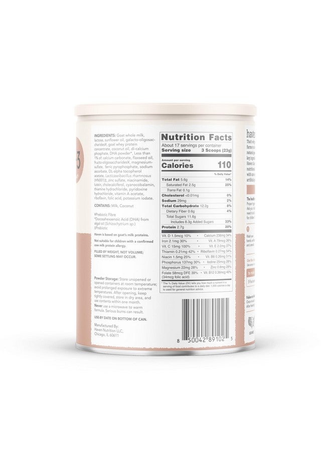 HAVEN Haven Goat Toddler Formula | 1 to 3 Years | Premium New Zealand Forage-fed Goat Whole Milk Toddler Formula | Wholesome Goodness | Gentle on Tiny Tummies | Immune Support | Prebiotics, Probiotics, DHA, Lutein | Non GMO | No Palm Oil | 14.1 oz - Image 1