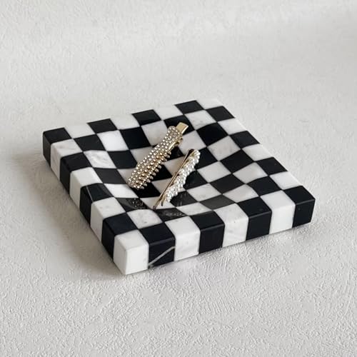 StonePlus Marble Stone Black and White Checkerboard Square Small Splicing Mosaic Tray Jewelry Dish (Black and White) - Image 4