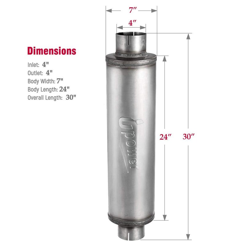 Upower 4" Inlet Diesel Exhaust Muffler 7" x 24" Body 30" Whole Length XS2772 - Straight Through Stainless Steel Welded On Resonator Muffler - Image 4