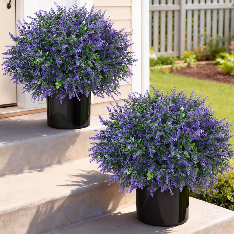 GLIDLION Set of 2 Artificial Eucalyptus Leaf & Lavender Topiary Trees for Front Door - UV Protection Faux Topiary Trees Fake Greenery Plant with Black Flowerpot for Farmhouse,Home,Outdoor Decor - Image 1