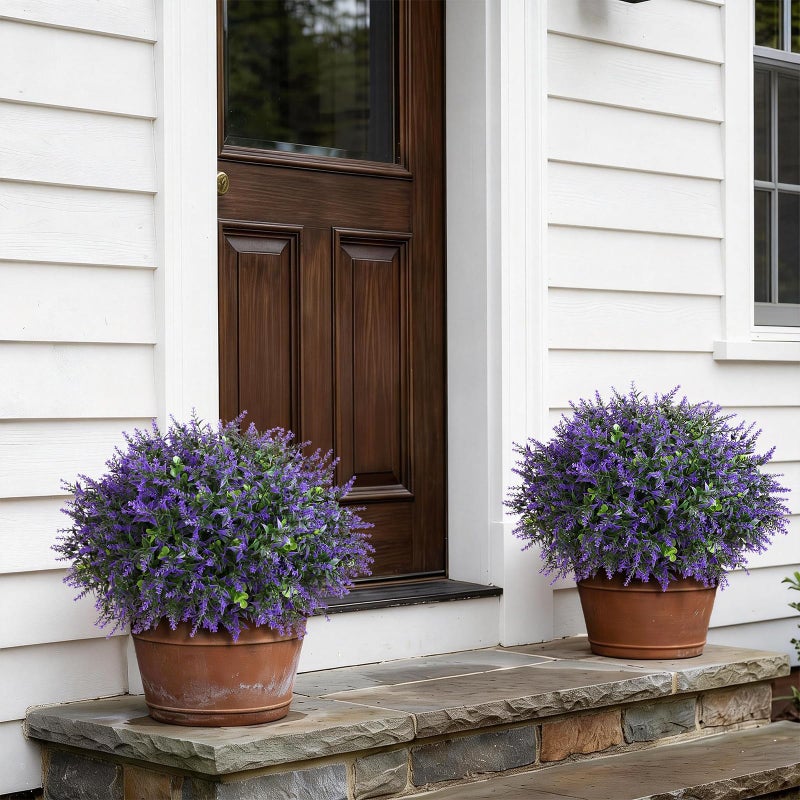 GLIDLION Set of 2 Artificial Eucalyptus Leaf & Lavender Topiary Trees for Front Door - UV Protection Faux Topiary Trees Fake Greenery Plant with Black Flowerpot for Farmhouse,Home,Outdoor Decor - Image 2