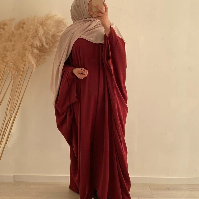 IKADEX Muslim Dress for Women Pakistani Kaftan Abaya Robe + Hijab Arabic Islamic Prayer Clothes Dubai Outfits Dark Red Set - Image 3