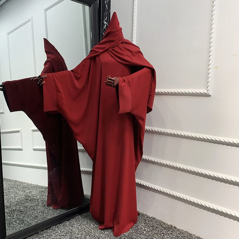 IKADEX Muslim Dress for Women Pakistani Kaftan Abaya Robe + Hijab Arabic Islamic Prayer Clothes Dubai Outfits Dark Red Set - Image 4