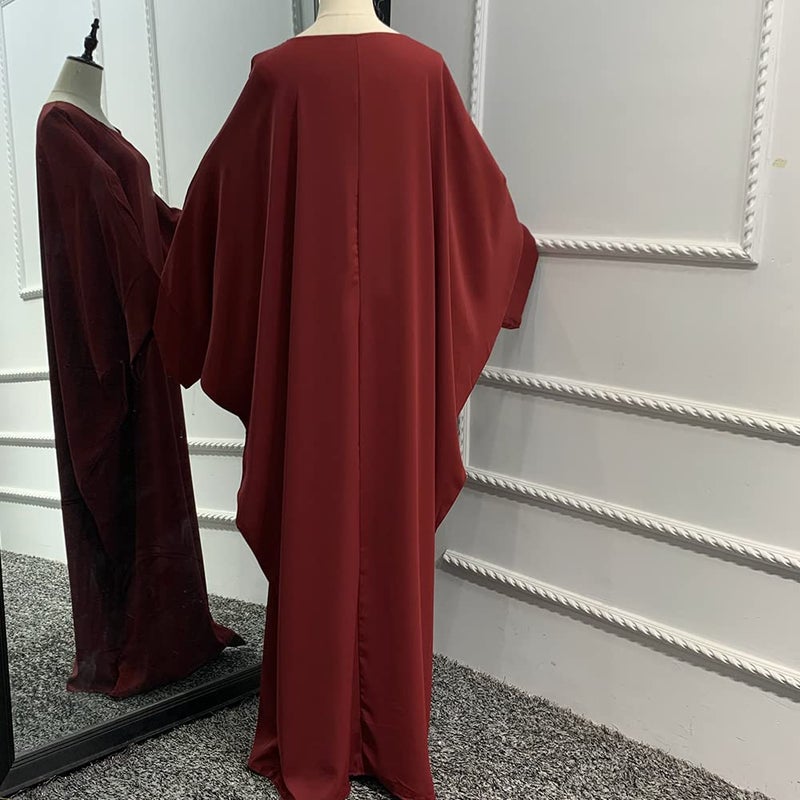IKADEX Muslim Dress for Women Pakistani Kaftan Abaya Robe + Hijab Arabic Islamic Prayer Clothes Dubai Outfits Dark Red Set - Image 5
