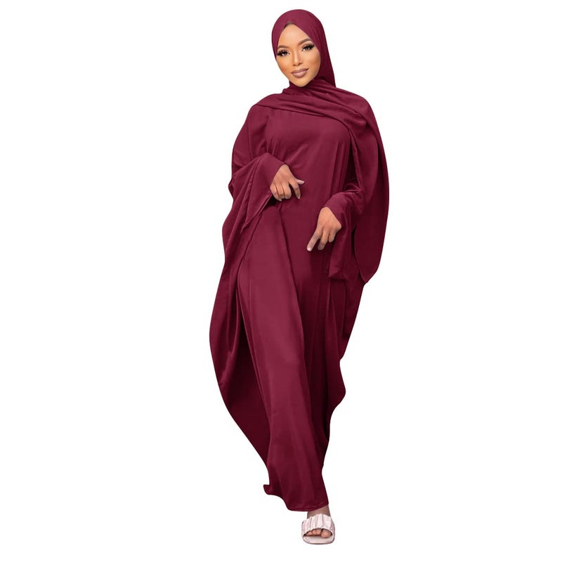 IKADEX Muslim Dress for Women Pakistani Kaftan Abaya Robe + Hijab Arabic Islamic Prayer Clothes Dubai Outfits Dark Red Set - Image 2