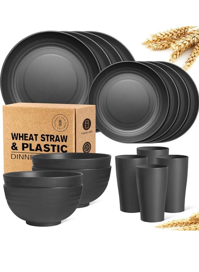 Arabest 16-Piece Kitchen Plastic Wheat Straw Dinnerware Set, Service for 4, Dinner Plates, Dessert Plate, Cereal Bowls, Cups, Unbreakable Plastic Outdoor Camping Dishes, Black - Image 1
