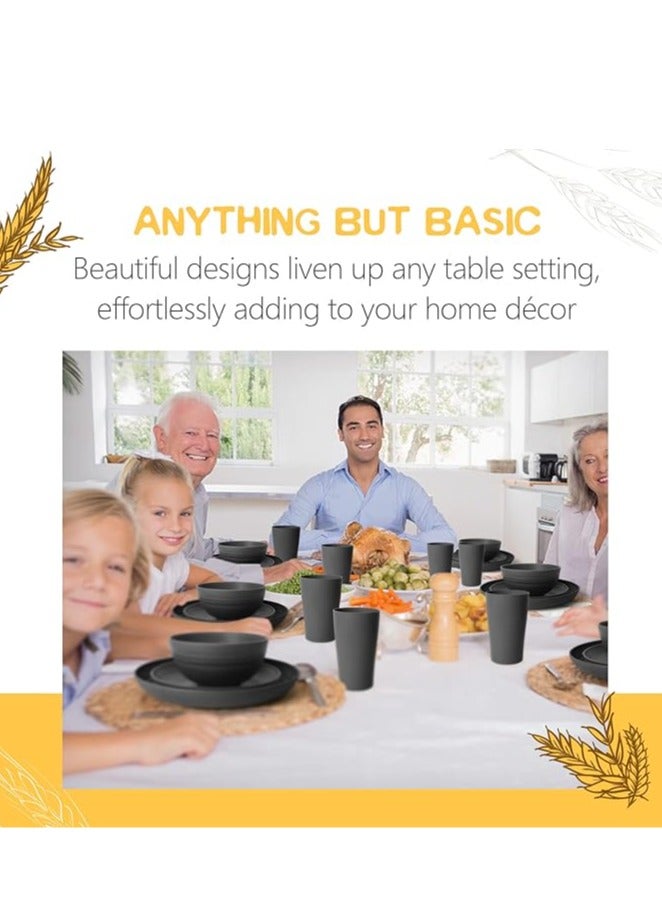 Arabest 16-Piece Kitchen Plastic Wheat Straw Dinnerware Set, Service for 4, Dinner Plates, Dessert Plate, Cereal Bowls, Cups, Unbreakable Plastic Outdoor Camping Dishes, Black - Image 5