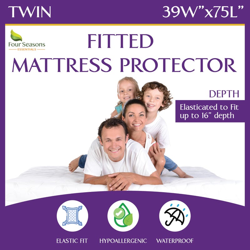Four Seasons Essentials Twin Size Waterproof Mattress Protector - Fitted Sheet Style - Hypoallergenic Premium Quality Cover Protects Against Dust White - Image 1