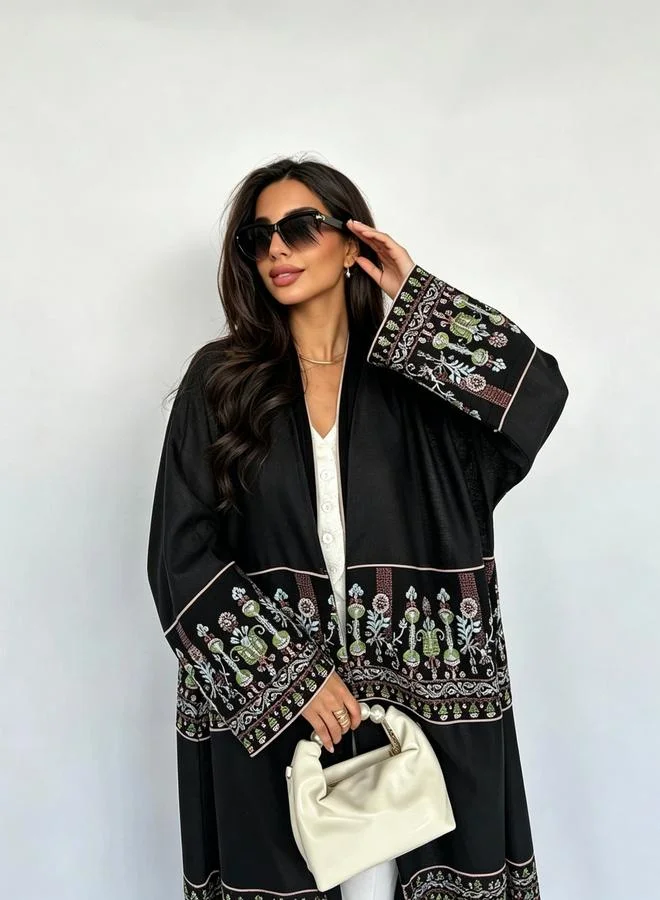 Take Two  Black Embroidered Open Front Abaya for Women | Best Price UAE