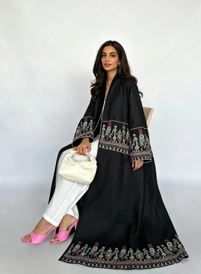 Take Two  Black Embroidered Open Front Abaya for Women | Best Price UAE