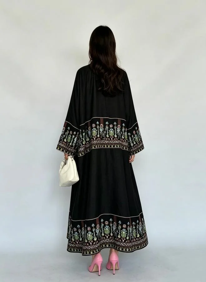 Take Two  Black Embroidered Open Front Abaya for Women | Best Price UAE