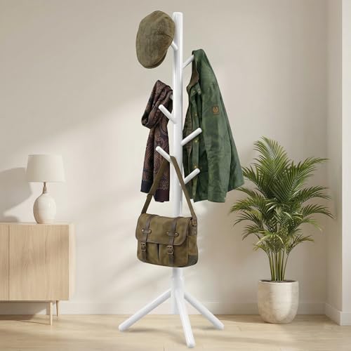 FROVA Wooden Clothes Hanging Stand with 8 Hooks | Free Standing Coat Hanger for Home | Ideal for Coats, Hats, Bags & Scarves | Cloth Stand for Bedroom | 9x9x68 inch, 1 Piece (White) - Image 2