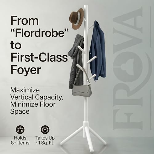 FROVA Wooden Clothes Hanging Stand with 8 Hooks | Free Standing Coat Hanger for Home | Ideal for Coats, Hats, Bags & Scarves | Cloth Stand for Bedroom | 9x9x68 inch, 1 Piece (White) - Image 3