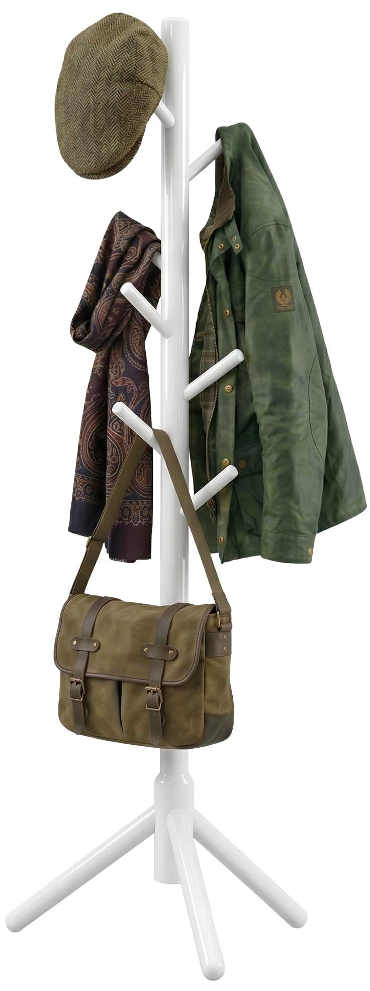 FROVA Wooden Clothes Hanging Stand with 8 Hooks | Free Standing Coat Hanger for Home | Ideal for Coats, Hats, Bags & Scarves | Cloth Stand for Bedroom | 9x9x68 inch, 1 Piece (White) - Image 1