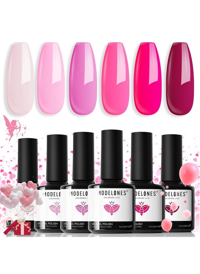 modelones - modelones Pink Gel Nail Polish Set 6 Colors, Hot Pink Tones Neon Pink White Shades Magenta Light Soft to Dark 2025 Spring Valentines Day Nail Art Gel Design for Women Girl Nail Lovers Gift Salon DIY - Image 1