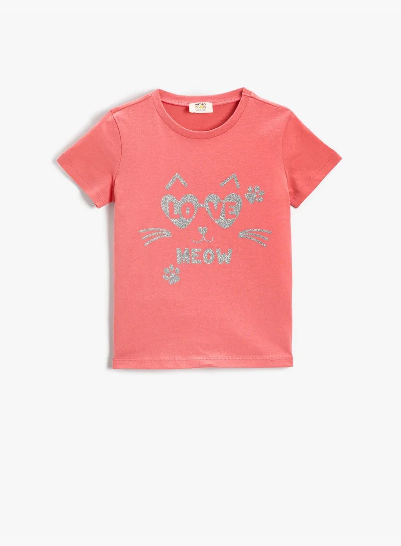 KOTON Cat Printed Short Sleeve T-Shirt Cotton Crew Neck