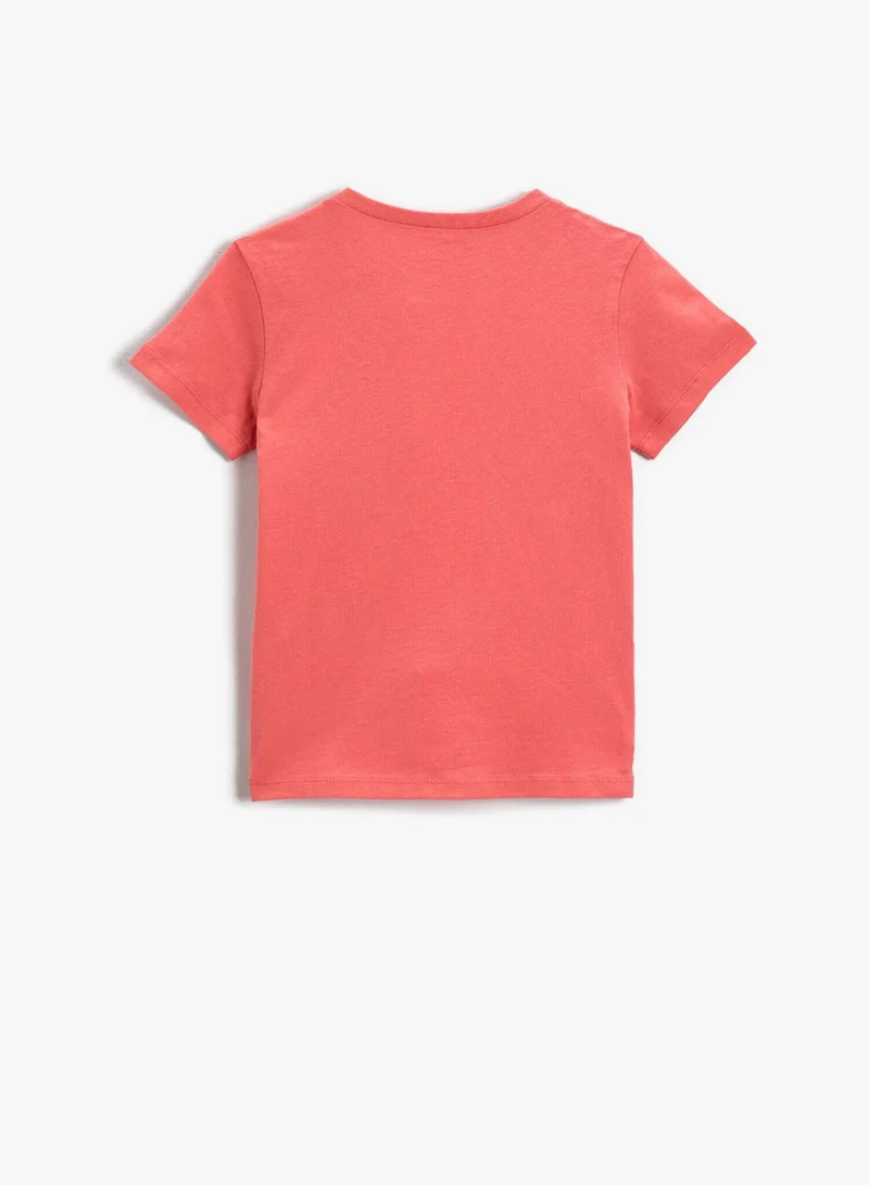 KOTON Cat Printed Short Sleeve T-Shirt Cotton Crew Neck