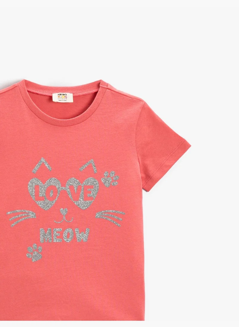 KOTON Cat Printed Short Sleeve T-Shirt Cotton Crew Neck
