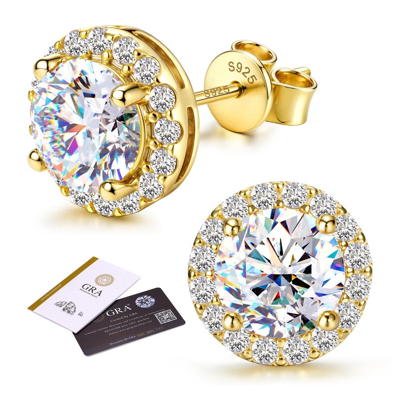 GEMQUEEN Moissanite Halo Earrings Studs : 18K Gold Plated 925 Sterling Silver Earrings for Women Men Hypoallergenic Dainty Stud Earring Jewelry Trendy Round Cut D Color VVS1 Clarity 2CT - Image 1