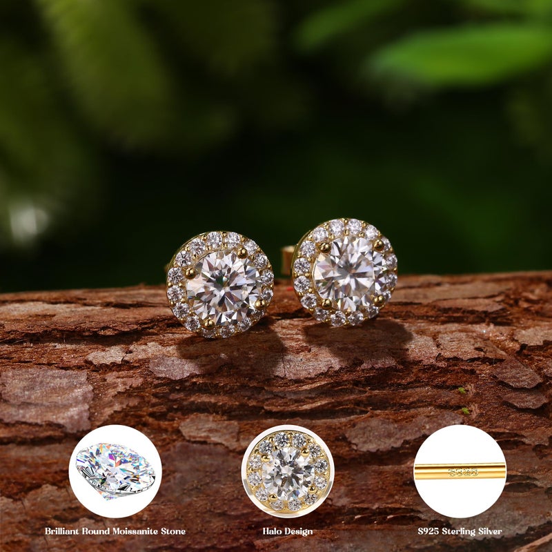 GEMQUEEN Moissanite Halo Earrings Studs : 18K Gold Plated 925 Sterling Silver Earrings for Women Men Hypoallergenic Dainty Stud Earring Jewelry Trendy Round Cut D Color VVS1 Clarity 2CT - Image 2