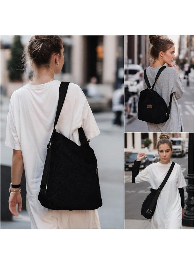 RUNSOON RUNSOON Corduroy Tote Bag Convertible Backpack Purse for Women Hobo Bag Crossbody Handbags with Zipper Multi Pockets Compartments, Black - Image 1