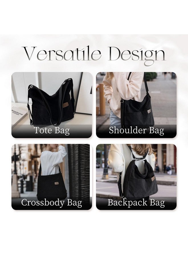 RUNSOON RUNSOON Corduroy Tote Bag Convertible Backpack Purse for Women Hobo Bag Crossbody Handbags with Zipper Multi Pockets Compartments, Black - Image 2