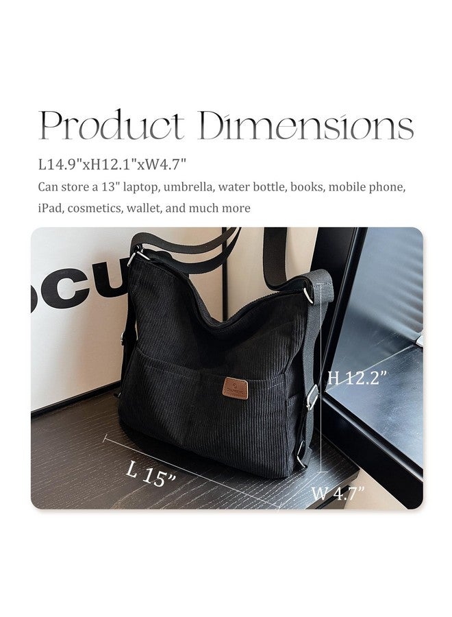RUNSOON RUNSOON Corduroy Tote Bag Convertible Backpack Purse for Women Hobo Bag Crossbody Handbags with Zipper Multi Pockets Compartments, Black - Image 3