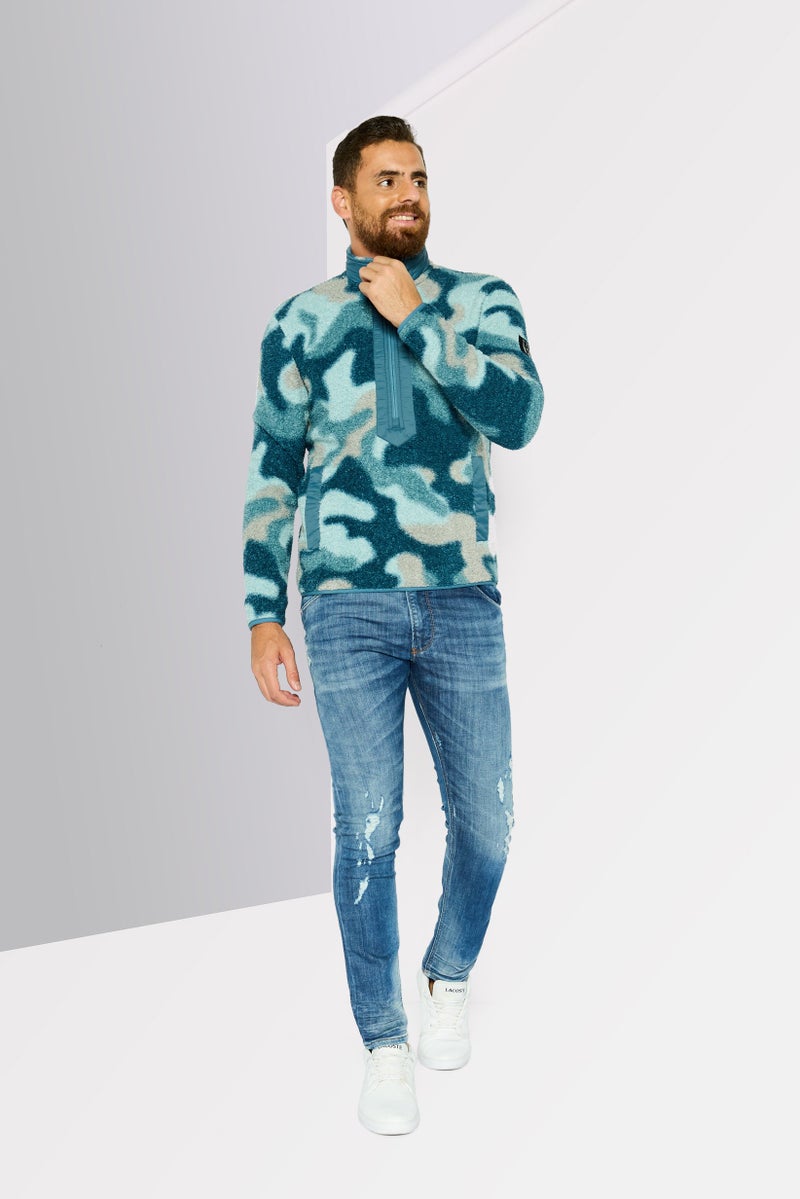 DKNY Men High Neck Allover Print Sweatshirts, Blue Combo - Image 2