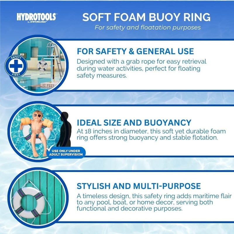 Swimline Hydrotools Foam Ring Pool Buoy - 18'' Diameter Life Preserver with Grab Rope for Swimming and Water Activities - Image 2