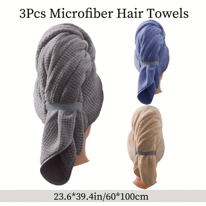 Set Of 3 Hair Drying Towels 60x100cm In Gray Navy Blue And Coffee Quick Dry Absorbent Soft Microfiber For Bathroom Use - Image 1