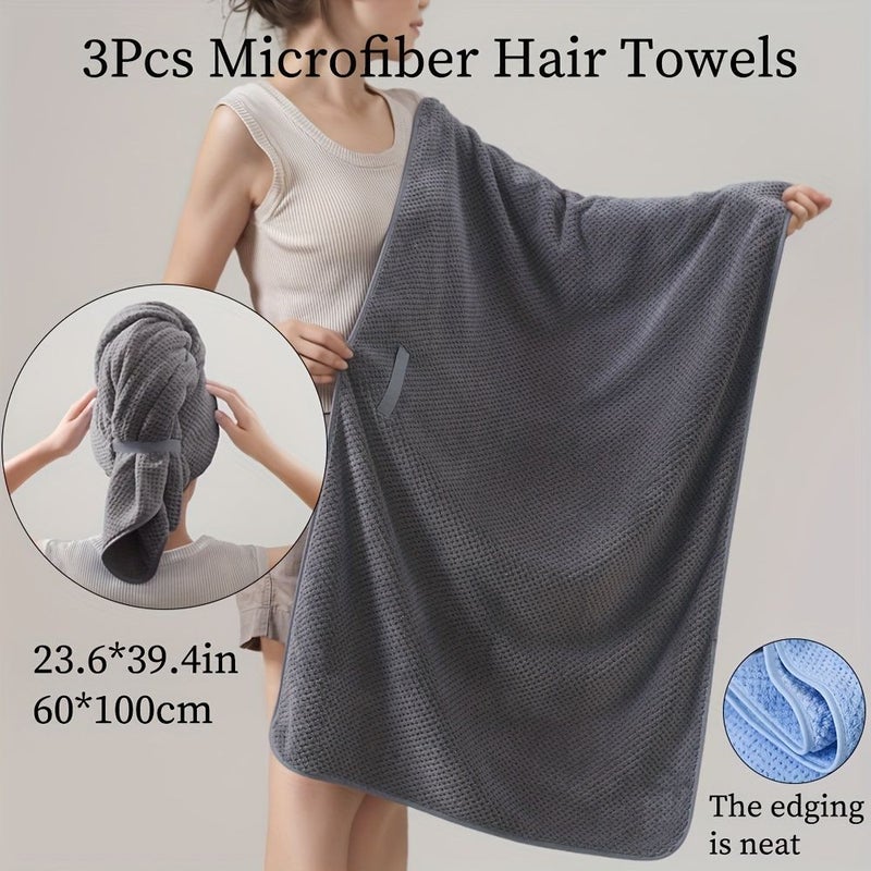 Set Of 3 Hair Drying Towels 60x100cm In Gray Navy Blue And Coffee Quick Dry Absorbent Soft Microfiber For Bathroom Use - Image 3