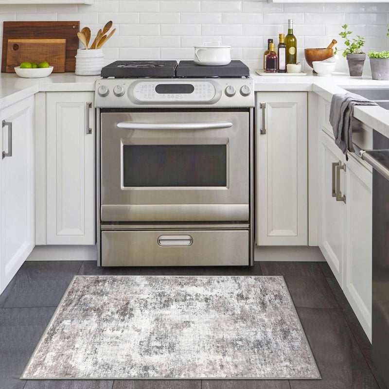 Lansny Small Abstract Area Rug 2x3 Entryway Rug Washable Door Mat Indoor Entrance, Washable Throw Rugs Non-Slip, Soft Beige Grey Kitchen Rugs Thin Print Faux Wool Floor Carpet for Foyer Front Door - Image 2