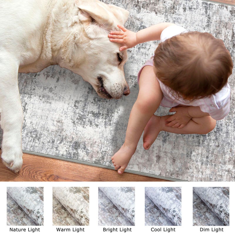Lansny Small Abstract Area Rug 2x3 Entryway Rug Washable Door Mat Indoor Entrance, Washable Throw Rugs Non-Slip, Soft Beige Grey Kitchen Rugs Thin Print Faux Wool Floor Carpet for Foyer Front Door - Image 3