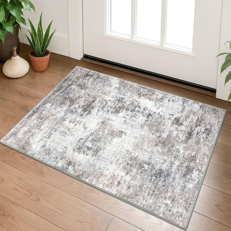 Lansny Small Abstract Area Rug 2x3 Entryway Rug Washable Door Mat Indoor Entrance, Washable Throw Rugs Non-Slip, Soft Beige Grey Kitchen Rugs Thin Print Faux Wool Floor Carpet for Foyer Front Door - Image 1